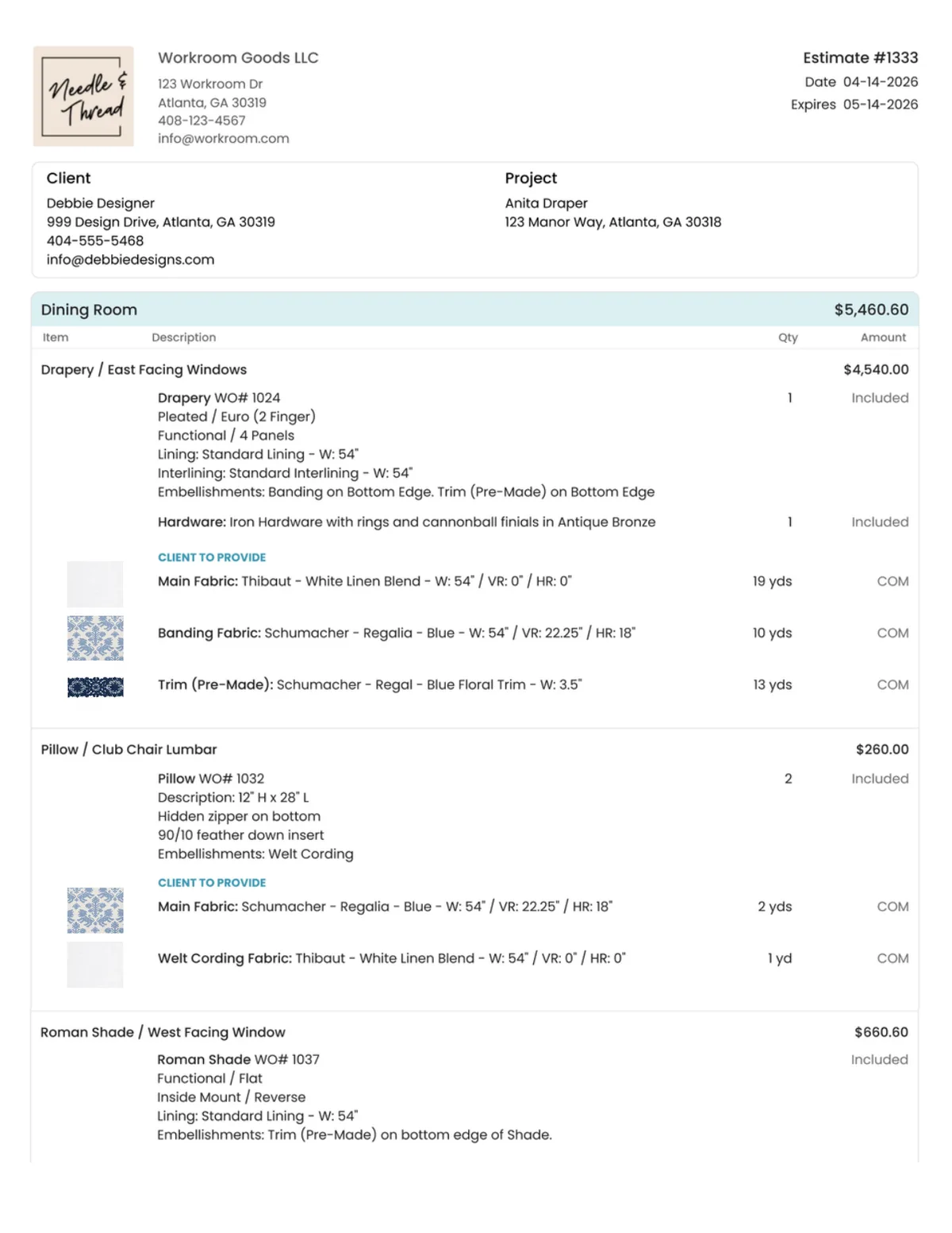Example estimate showing rooms, drapery specs, fabrics, quantities, and pricing