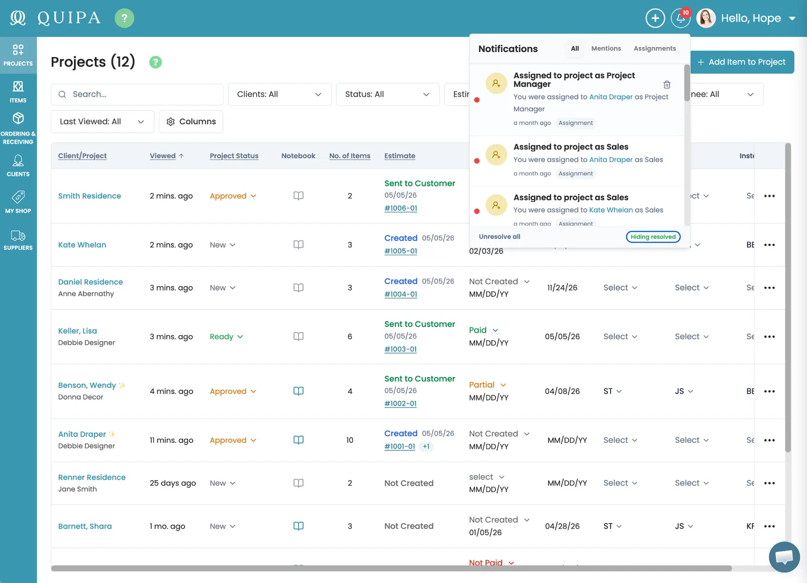 QUIPA project management dashboard