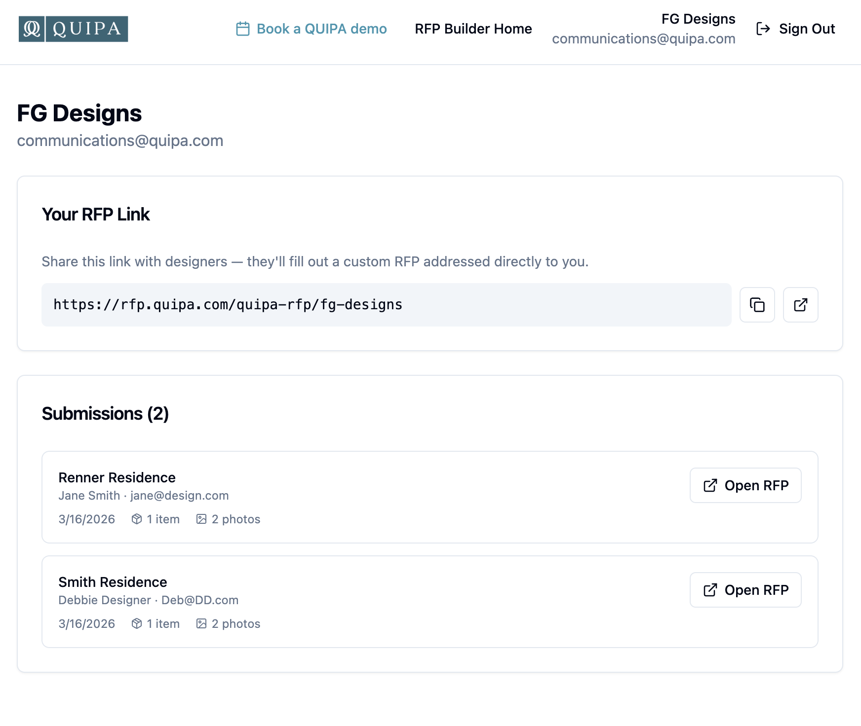 RFP dashboard showing submissions from designers
