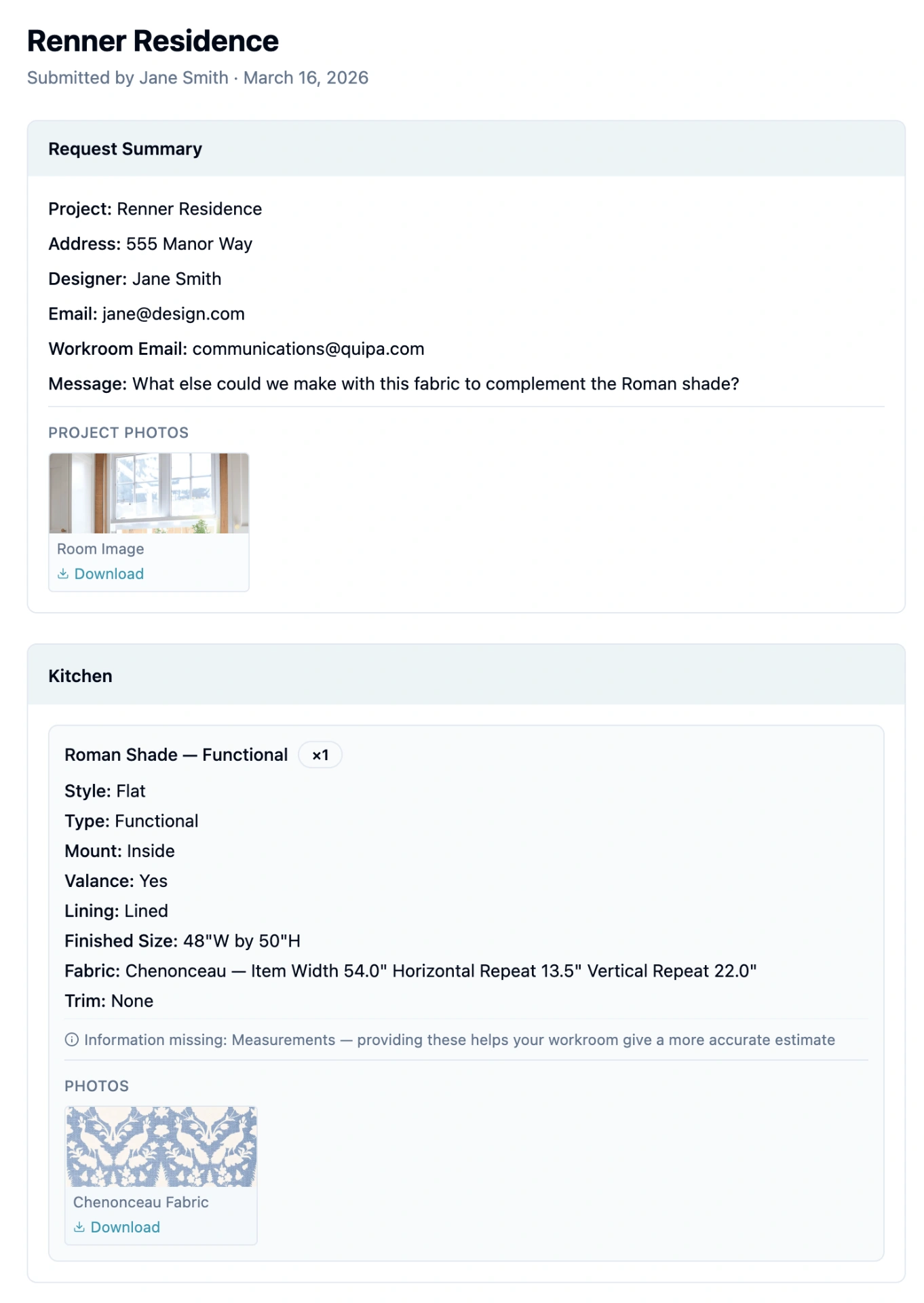 Detailed RFP submission with project specs, measurements, fabric, and photos