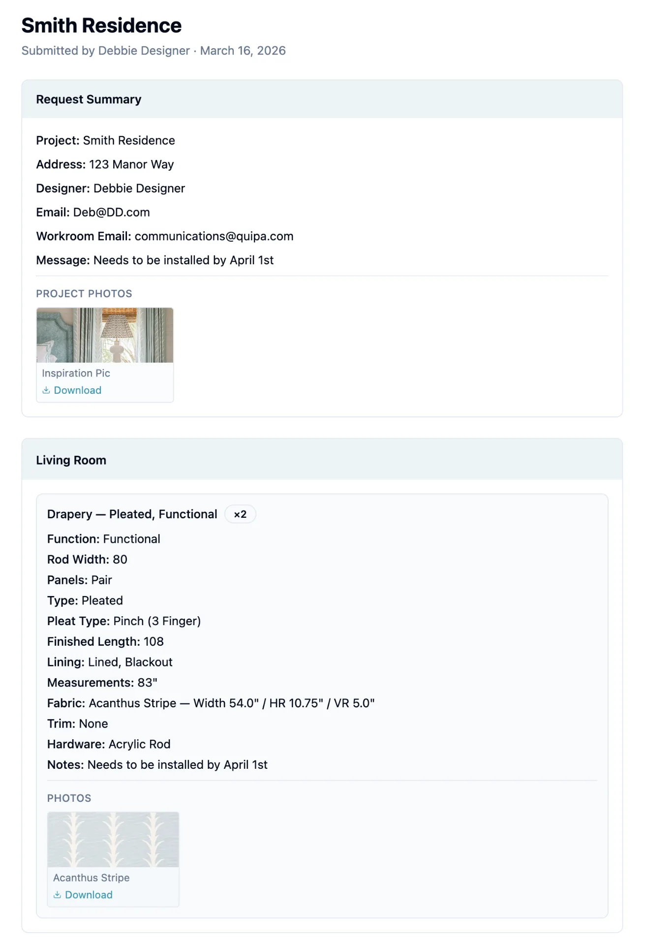 Sample RFP for the Smith Residence project showing project details and drapery specifications