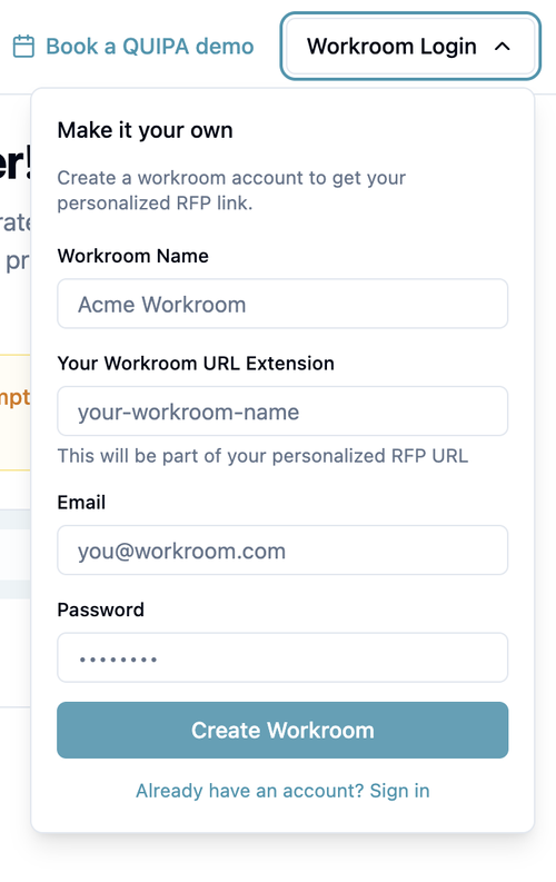 Workroom signup form to create a personalized RFP link